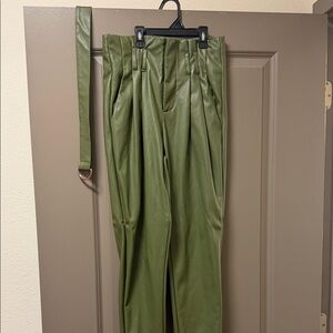 Forever 21 Olive Green Faux Leather Paperbag Waist Pants with Belt
